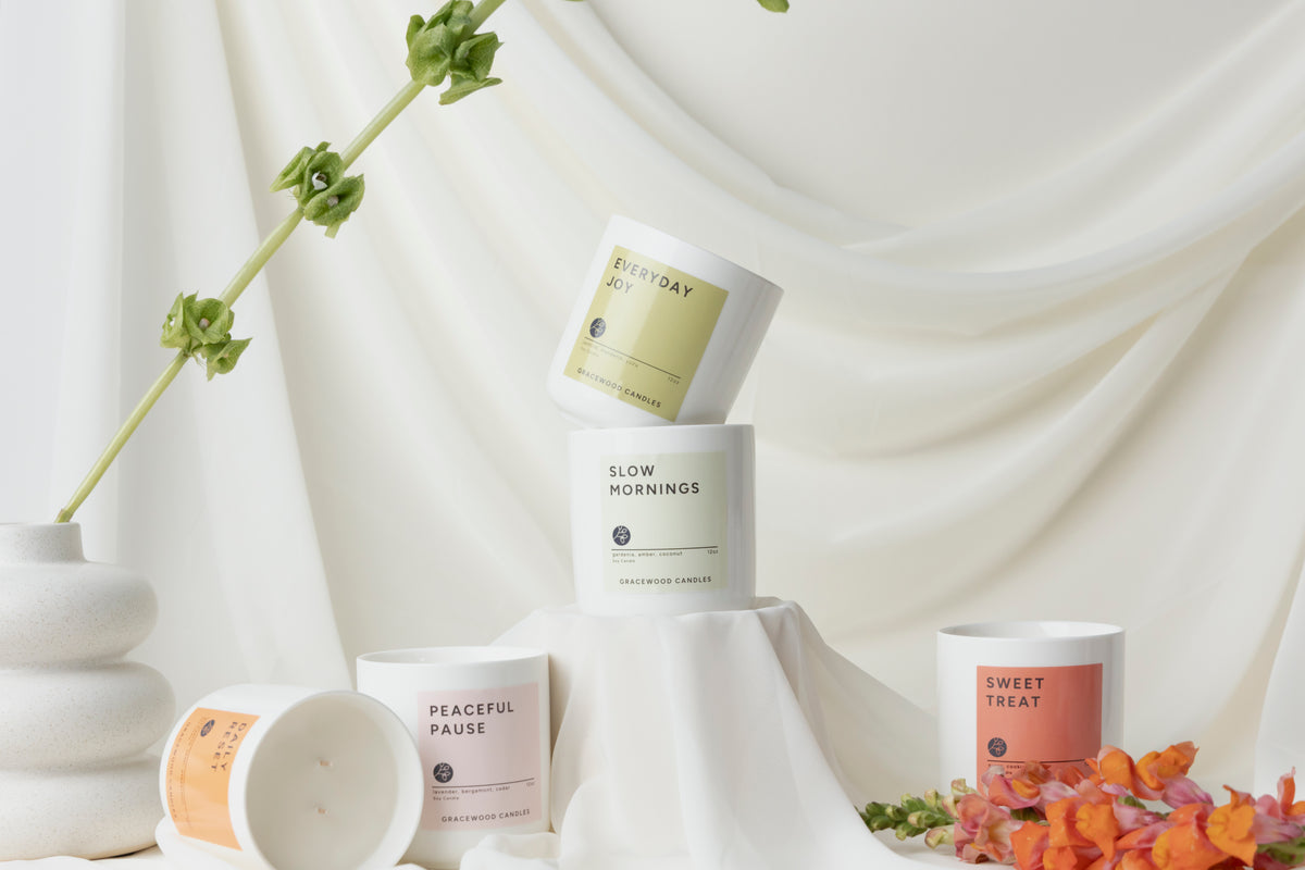 Candle products with labels on a white background