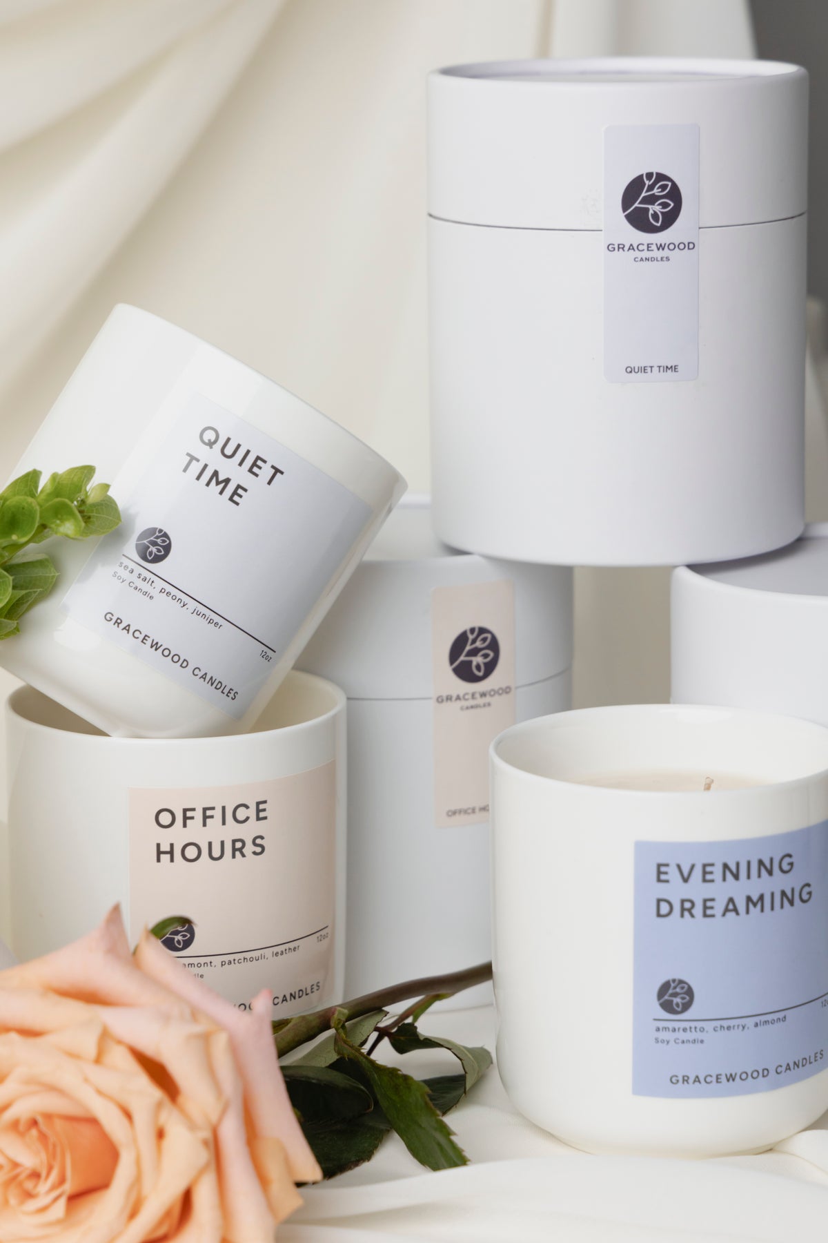 Collection of candles with labels on a white background